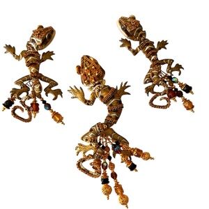 Rare Lunch at the Ritz Golden Gecko Brooch/ pendant Earring set Retired Huge